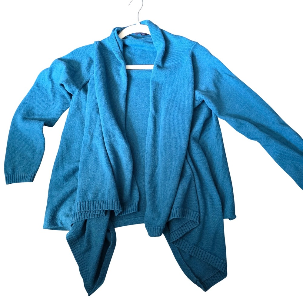Lands End Womens Teal Blue Cotton Wool Blend Waterfall Open Front Cardigan S 6-8